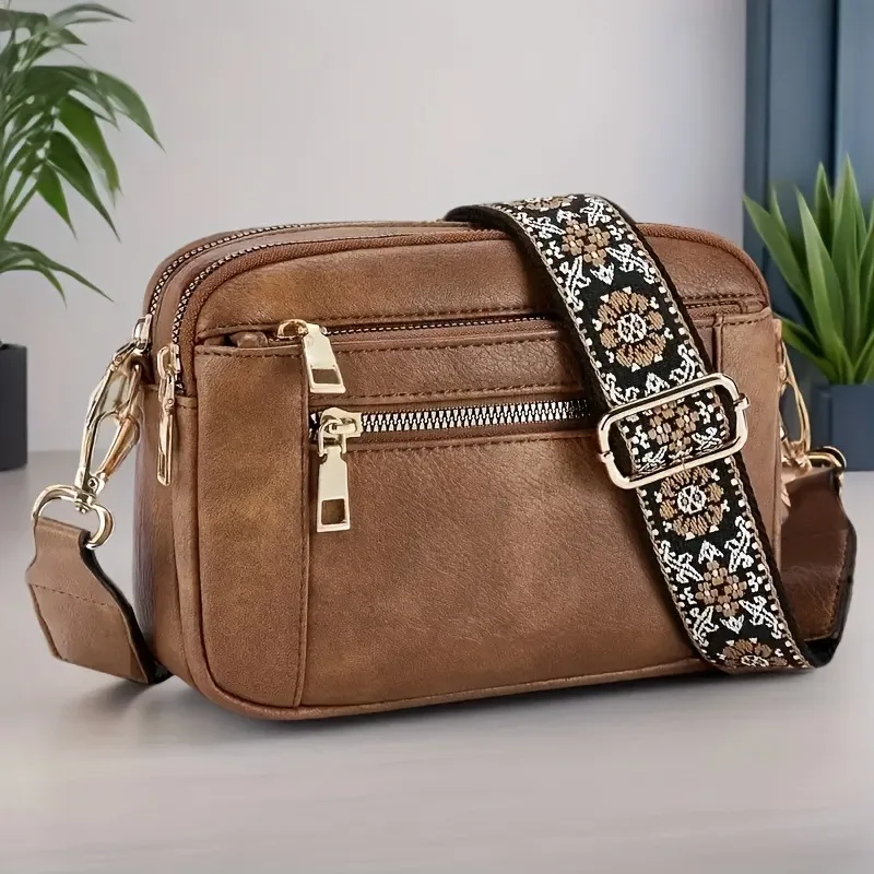 

Wide Geometric Strap Shoulder Bag Large Capacity Crossbody Bags For Women Retro Pu Leather Women's Bag For Shopping Travel Chic