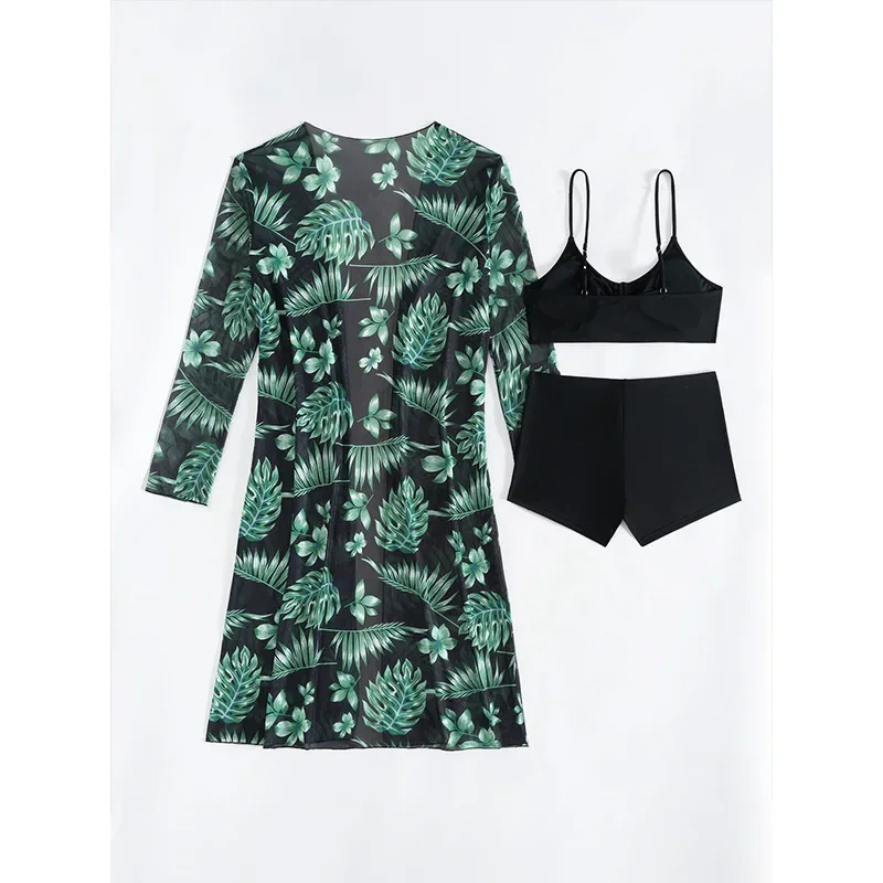 Women Bathing Suit 3 Piece Swimsuit Kimono Sports High Waist Bikini Beach Cover Up Drawstring Swimwear Print Bathing Suit Swim