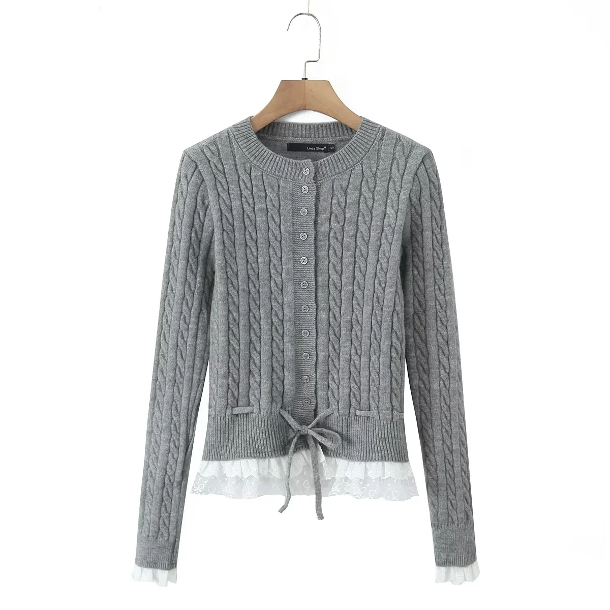 

Retro American Lace Trim Knitted Cardigan Women's Loose round Ne Sweater Coat Autumn Winter New Sle Ele Faion Ladie...
