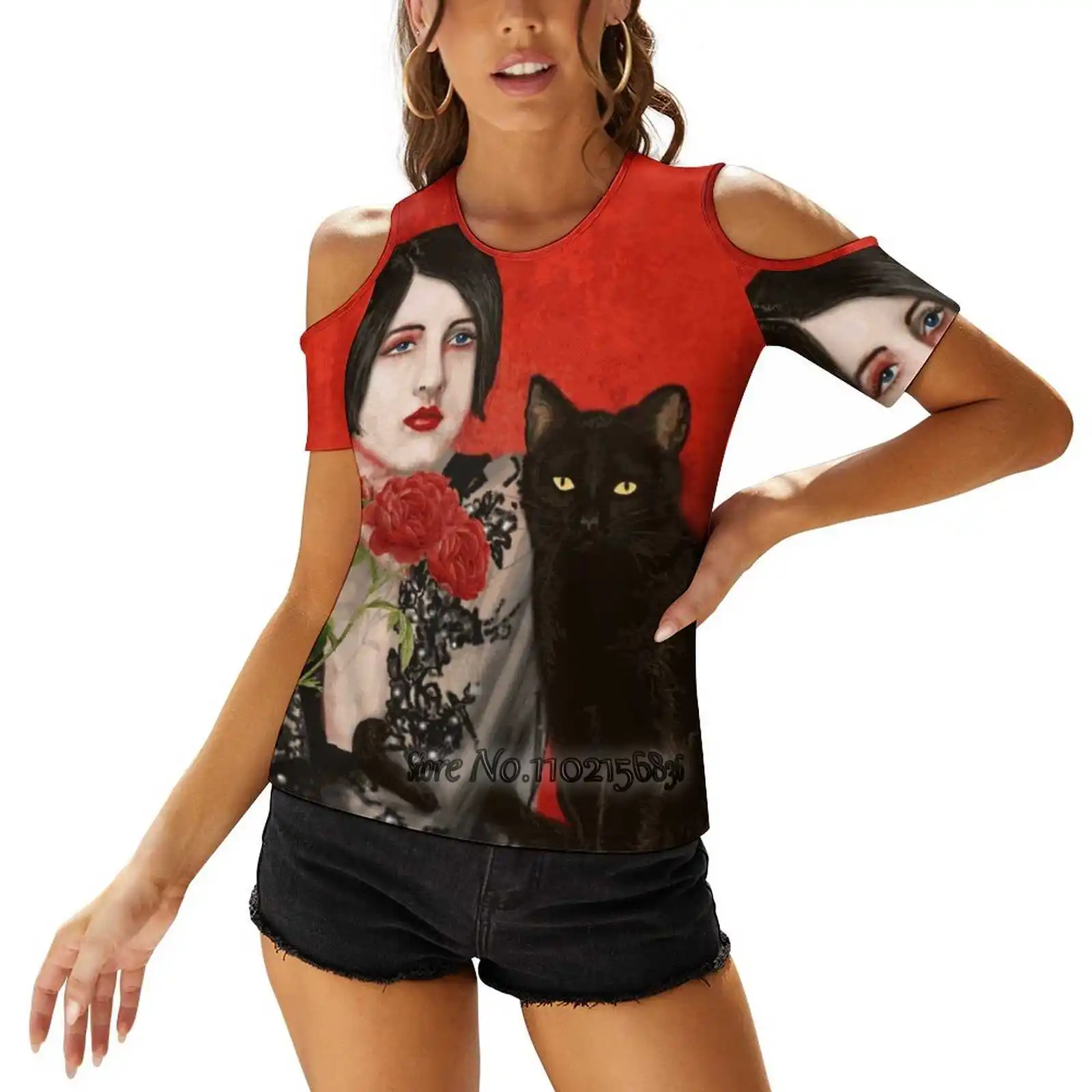 And I Sexy T-Shirt Casual Tops Pullover Ladies Top Back Lacing T Shirts Black Cat Cat Woman Black Red Woman And Black Cat 1920S