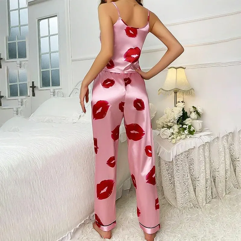 Women\'s Satin Pajama Set with Lip Print V-Neck Cami Top and Elastic Pants For Women Pijama Comfortable Sleep and Loungwear