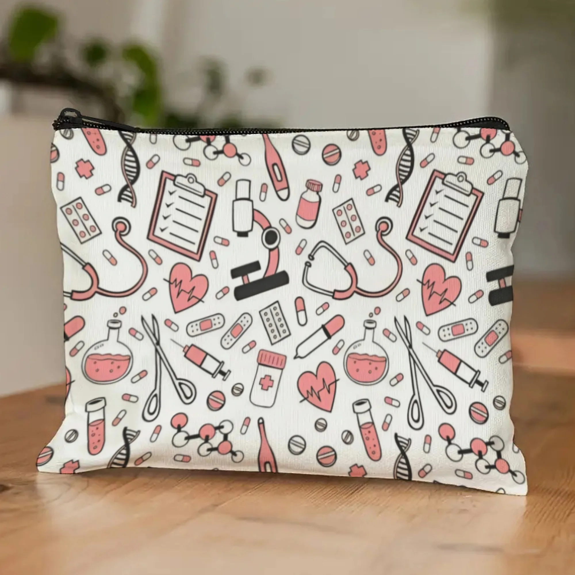 Sac de rangement pour maquillage avec motif de pilules et de seringue, design pliable et léger avec fermeture éclair, adapté aux enseignants, aux médecins et aux infirmières