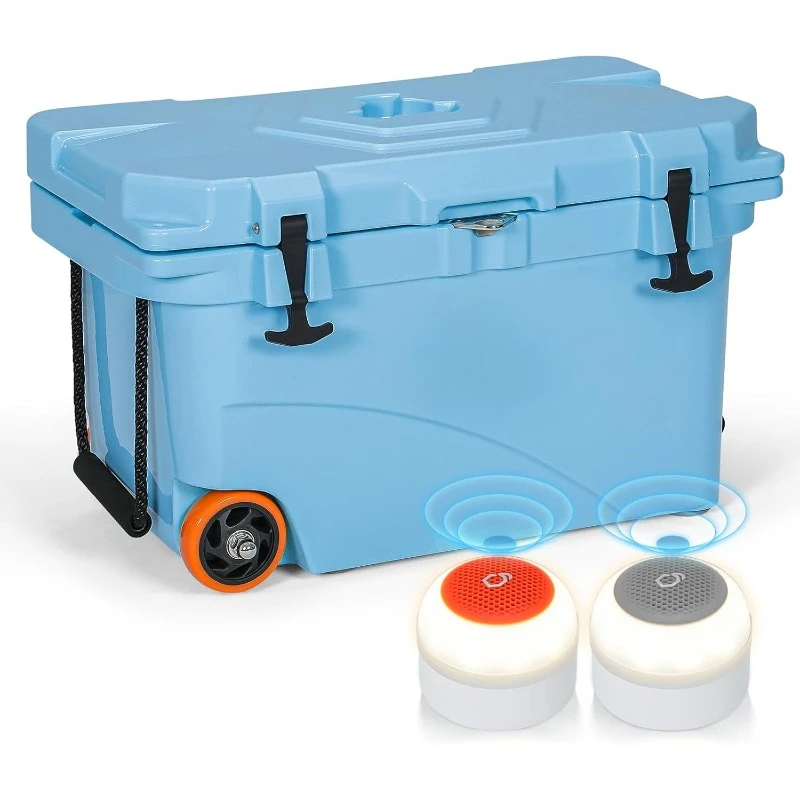 Cooler with Wheels, Leak-Proof Rolling Beach Cooler with LED Light Bluetooth Speaker, LLDPE Wheeled Coolers