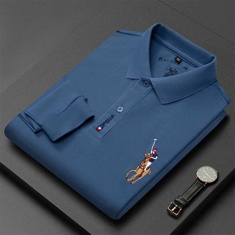 

High end brand long sleeve men's lapel polo shirt autumn new fashion exquisite pony embroidery golf casual business Paul T-shirt