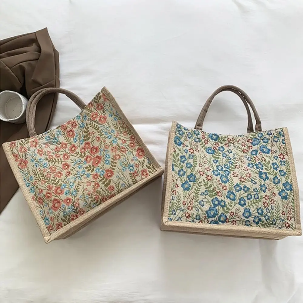 2024 New Women Flower Pattern Flax Tote Bag Larger Capacity Outdoor Handbag Casual Lunch Bag Mummy Bag