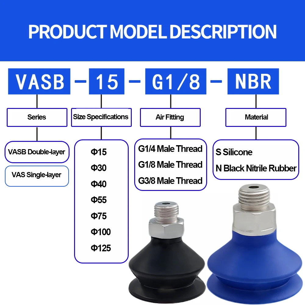 HST VAS/VASB Series Vacuum Suction Cup 15-125mm, Silicone Rubber Pad for Manipulator Robot Pneumatic Handling