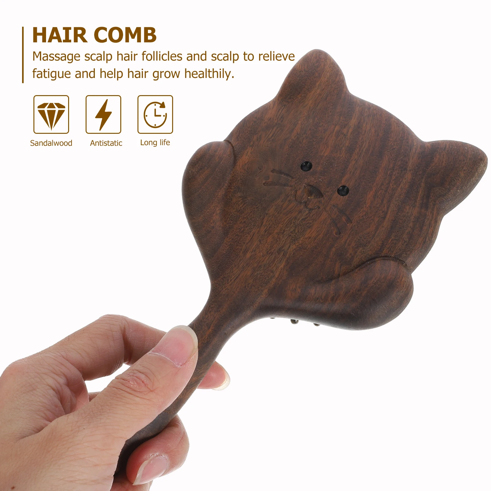 

Comb Wooden Massage Anti-static Scalp Paddle Hair Brush for Women Long Handle Cat Shape Detangling Tool