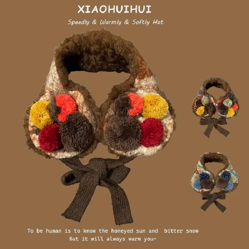 

Корейские милые универсальные контрастные цвета в клетку, милые плюшевые наушники с помпонами для женщин, теплые наушники для путешествий на осень и зиму