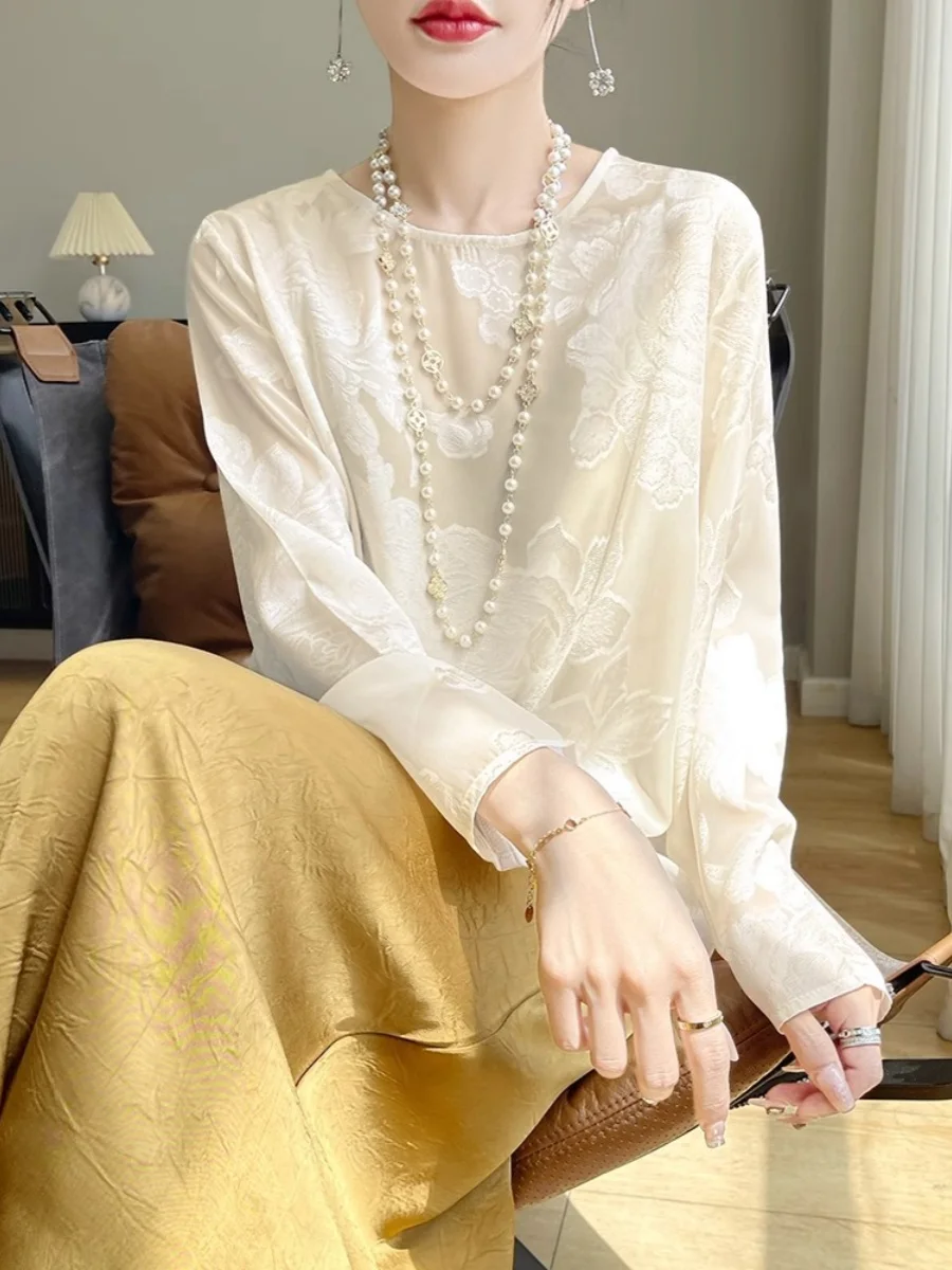 

Ретро-рубашка из шелка с цветочной вышивкой, женская, в китайском стиле, с длинным рукавом, круглым вырезом, дышащая, солнцезащитная, для ношения под одеждой.