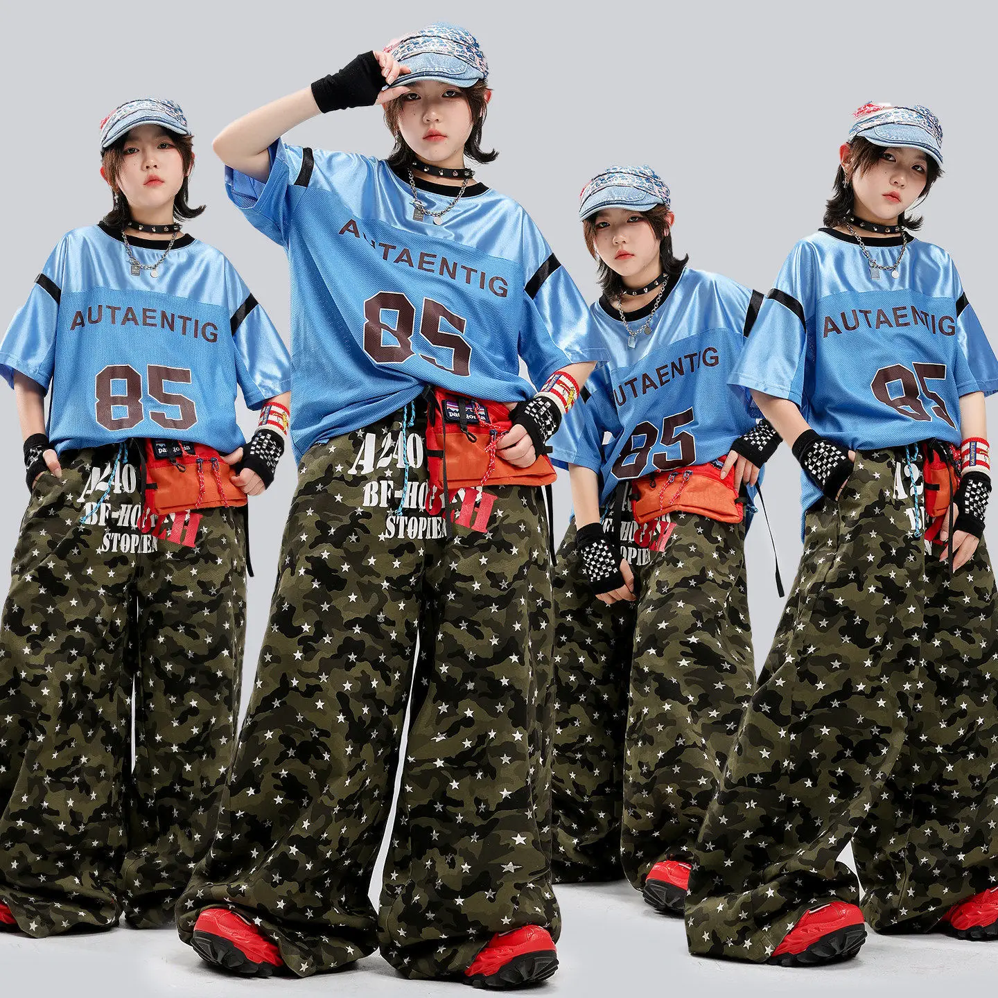 

Kids Blue Print Oversized Jersey Tops Camo Star Pants Hip Hop Dance Outfits Streetwear Kpop Jazz Stage Performance Costumes