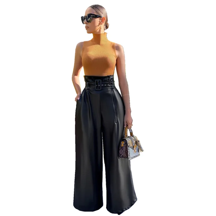 Women's Pu Leather Pants Solid Color Trendy Belt High Waist Loose Wide Legs Trousers Club Streetwear Lady Commuting Clothing New