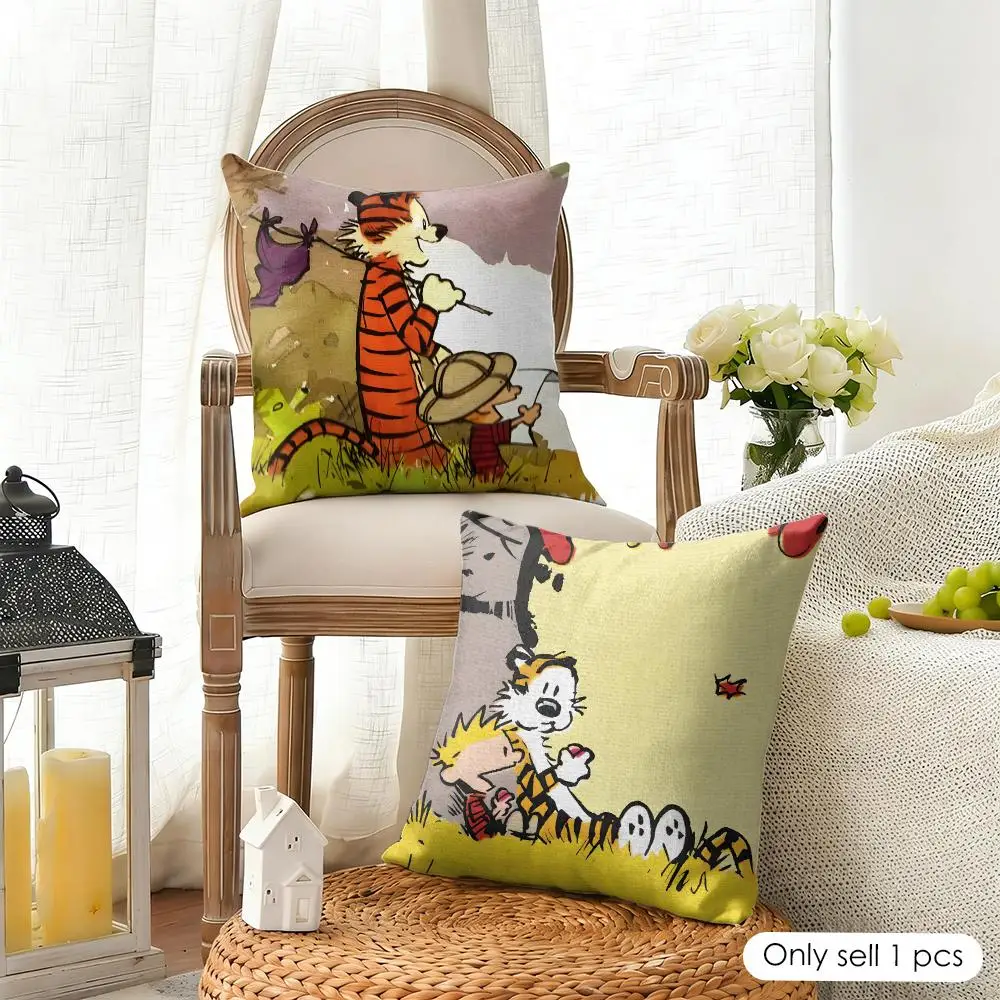 Anime C-Calvin And Hobbes Cushion Cover Organic Linen Square Pillow Case Durable Non-Allergenic And Kind To Skin