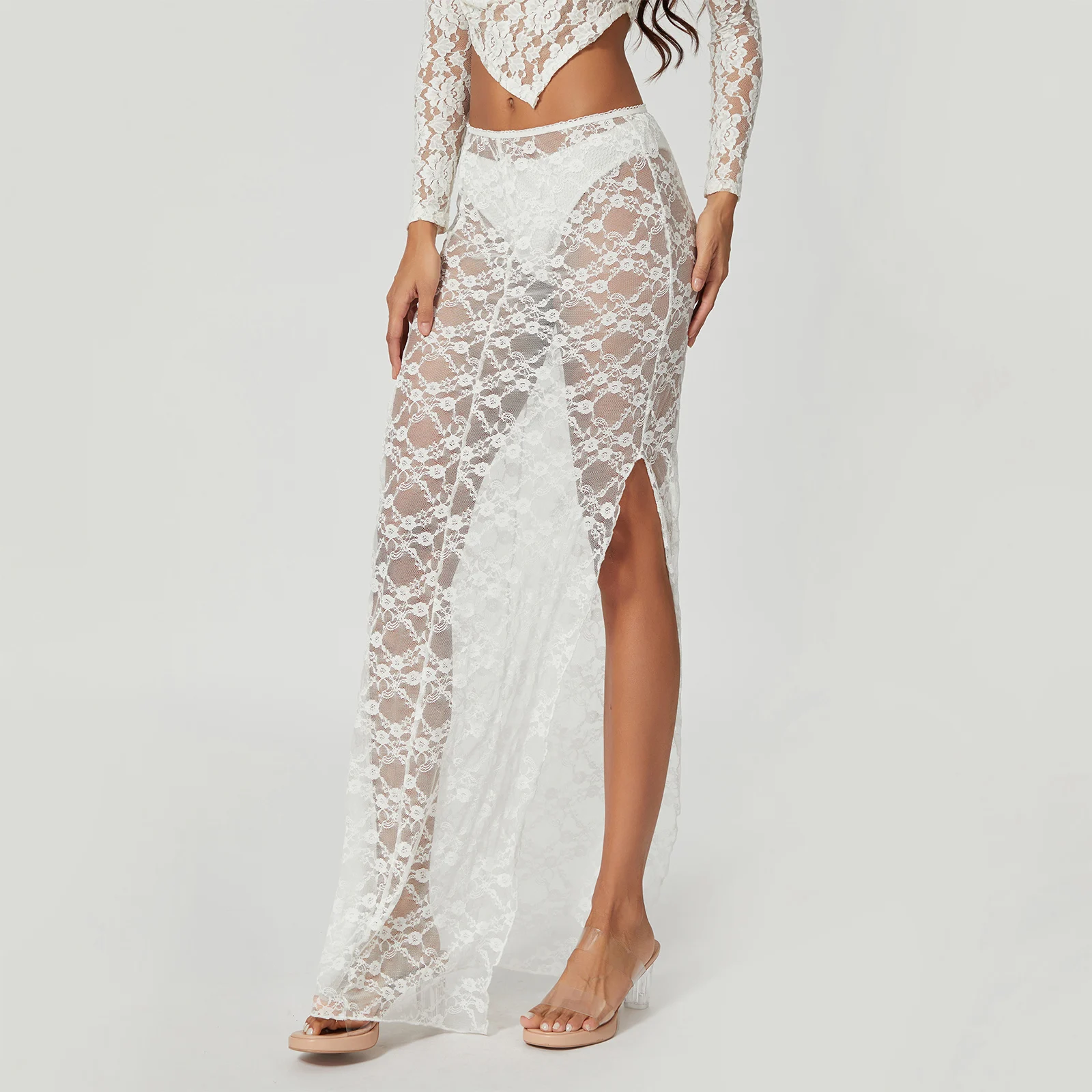 

Low Waist Thigh Slit See-Through Skirt Women Summer Solid Color Lace Long Skirt for Beach, Party