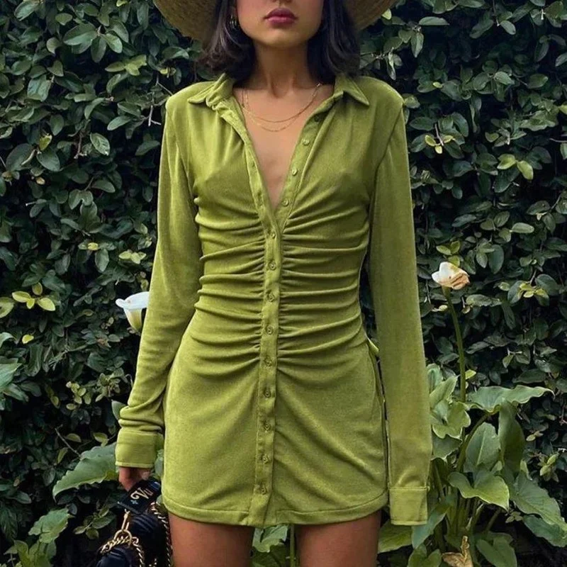 

2021 Ruched Shirt Dresses Women Sexy Party Club Solid Green Bodycon Dresses Turn Down Collar Long Sleeve Slim Mini Dress Female