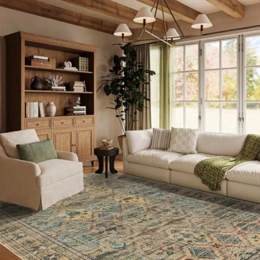 

5x7 Area Rugs for Living Room Bedroom Large Washable Rug Brown Retro Boho Rug Non Slip Low Pile Faux Wool Thin Carpet for Indo