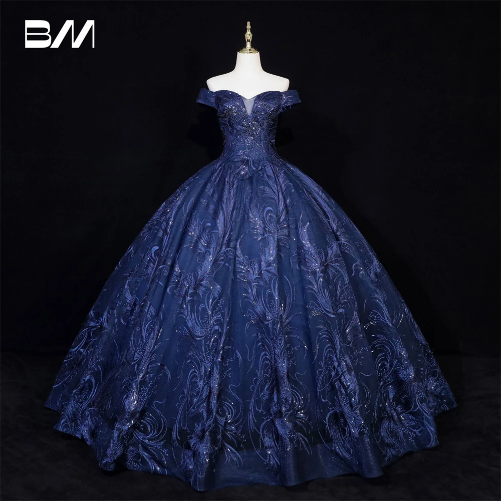 

Luxury Beaded Sweet 15 Dress Navy Lace Ballgown Quinceanera Dresses Off The Shoulder Lace Up Party Gown Cocktail Formal Dresses
