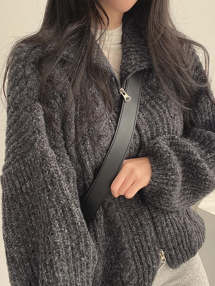 Autumn Winter Knitted Sweater Cardigan Women Korea Lazy Oaf Loose Double Head Zipper Wool Neck  Long Sleeve Ladies Coat Tops