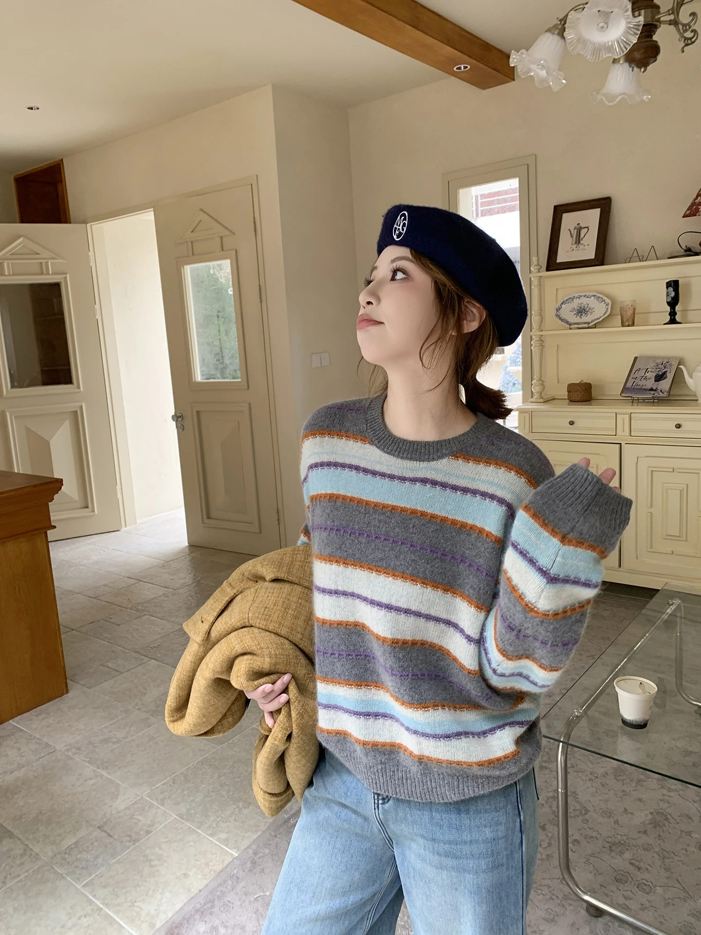 

ELINSU винтажный цветной блузка шерстяной мех медведя в полоску круглый Ne свитер женский свободный утягивающий вязаный зимний теплый свитер для поездок на работу