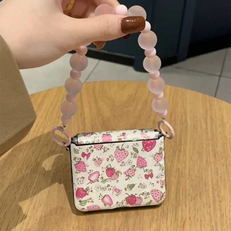 Cute Pink Strawberry Print Leather Phone Case For Samsung Galaxy Z Flip7 Z Flip6 Z Flip5/Xiaomi Mix Flip Gold Foil Floral Girly