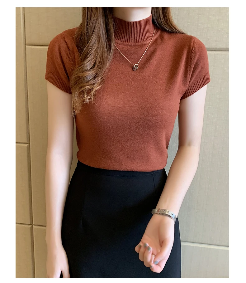 Halbhohes T-Shirt für Damen, modischer Pullover, lässige Oberteile, koreanischer Stil, elegante einfarbige Kleidung, Frühlings- und Sommersaison – Detail 6