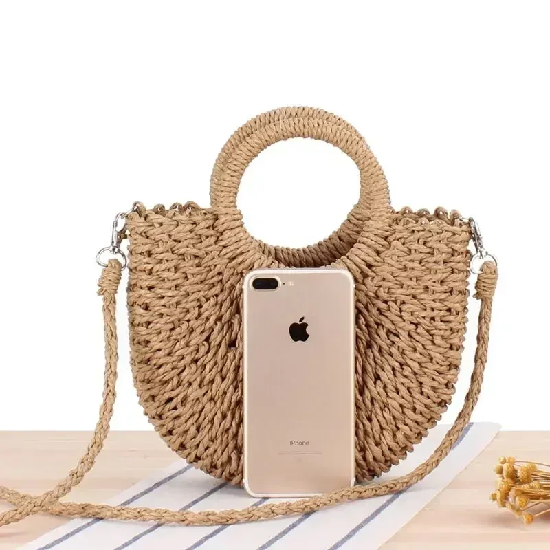 LW034 bolso de paja tejido de ratán medio redondo hecho a mano para mujer, bandolera de verano, bolso de playa pequeño para niñas