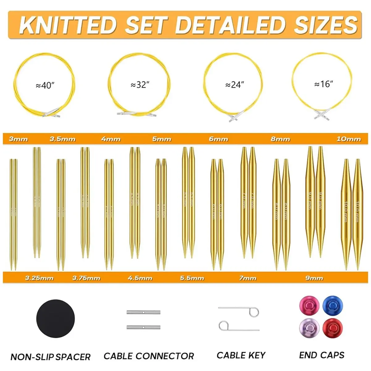 Interchangeable Circular Knitting Needles Set, 13 Pairs (3mm-10mm) US 2.5-15 with 16, 24, 32, 40 Inch Cables,Accessories