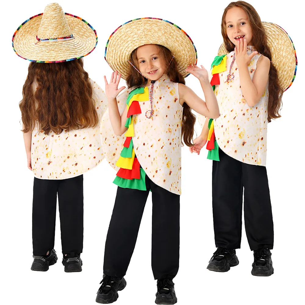 

Детский комбинезон для косплея Мексики TACO для девочек, детский сценический пыльник, костюм, карнавальный костюм на Хэллоуин