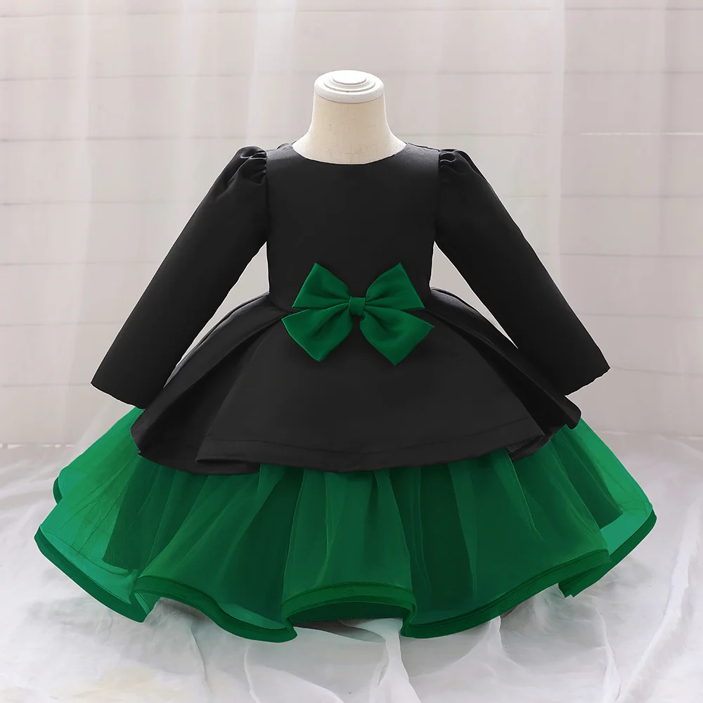 

MQATZ Summer Dress 1 Year Kids Christening Green Long Sleeve Toddler Birthday Party Children Baptism Bow Black Baby Girl Clothes