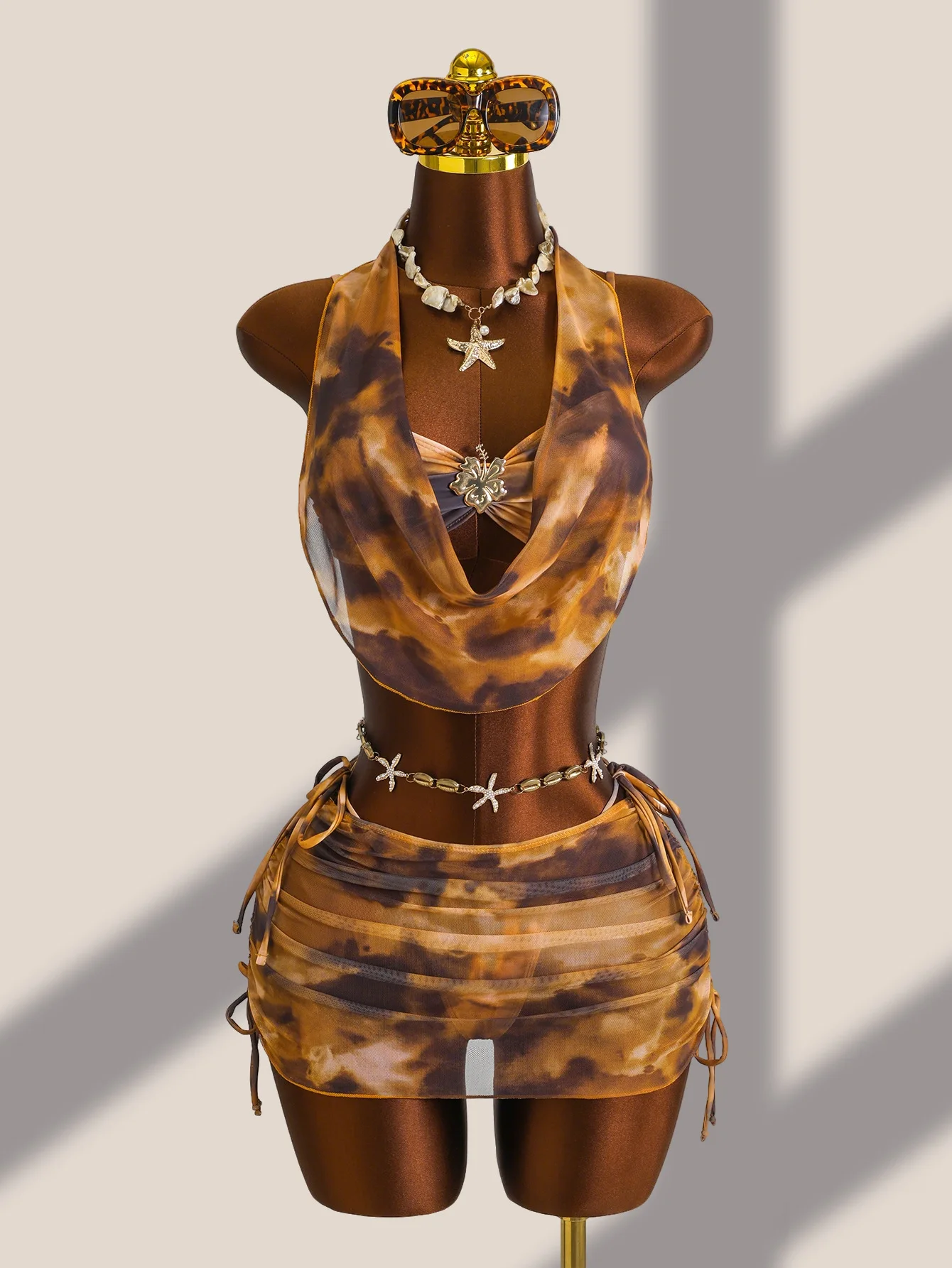 

sexy coffee tie dye print metal flower bikinis sets 3pcs with mesh drawstring mini skirt swimsuits bathing suit biquini tankini