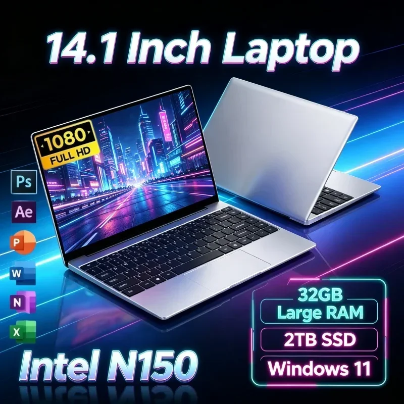 Laptop 14.1" Intel N150 Windows 11 OS 32GB RAM 2TB SSD Fast Run Notebook For Office Study Homework Mini Gaming