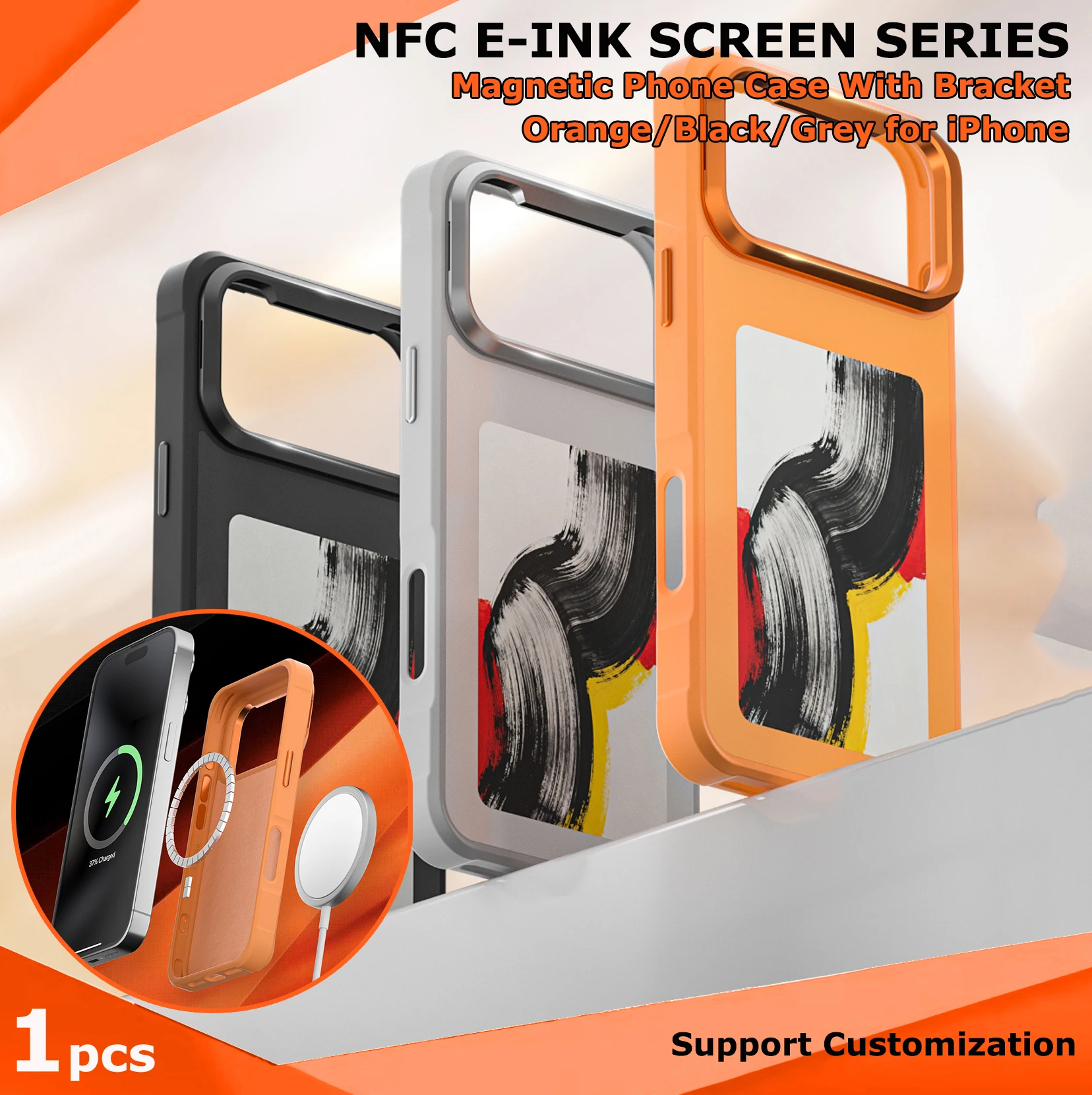 

Fonlyu 1 шт. NFC E-ink чехол для телефона с кронштейном для iPhone 17 pro Max Магнитные защитные чехлы для телефона Черный Серый Оранжевый