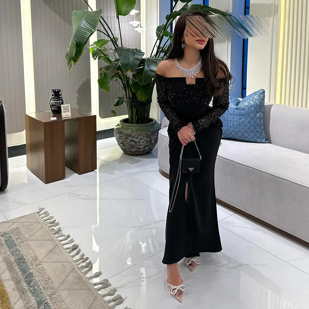 Elegant Black Lace Sequined Evening Dress Jersey Straight Split Prom Dress Off the Shoulder Long Sleeves Robes De Soirée 2024