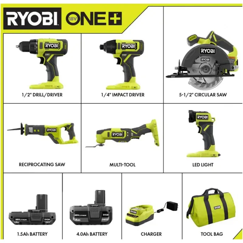 RRYOBI ONE  PCL1600K2 18V Cordless 6-Tool Combo Kit with 1.5 Ah battery, 4.0 Ah, and Charger