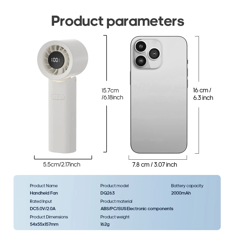 Foldable Cooling Fan Rechargeable 2000mAh Portable Student Handheld Fan 100 Speed Turbo Fan w/ Drawer Type Carabiner & Display