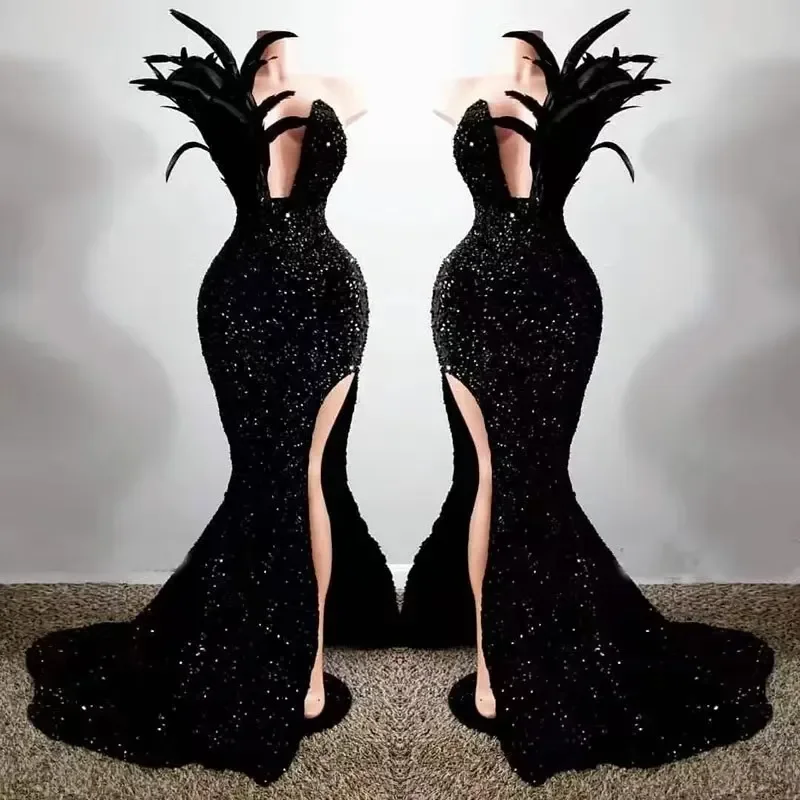 Elegant Black Strapless Women's Dress Sexy Deep V-Neck Feather Sequin Fishtail Slit Floor-Length Cocktail Ball Evening Dress