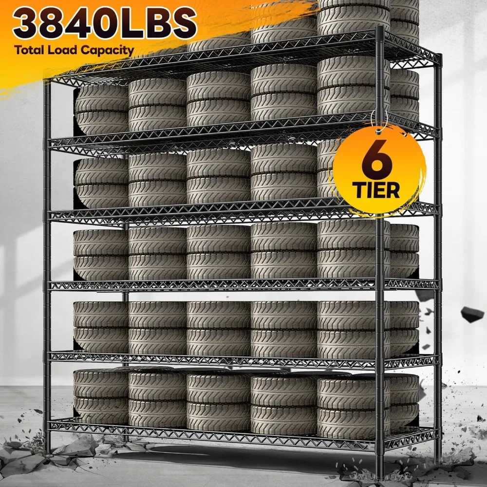 Unidade de prateleira de fio metálico de 6 camadas para serviço pesado para armazenamento de garagem comercial, ajustável, comporta 3840 libras