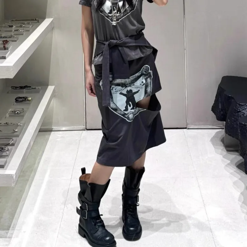 

Женская юбка средней длины с принтом в форме сердца, асимметричным кроем и декоративными лентами, в модном ретро-стиле, удобная, для уличного образа