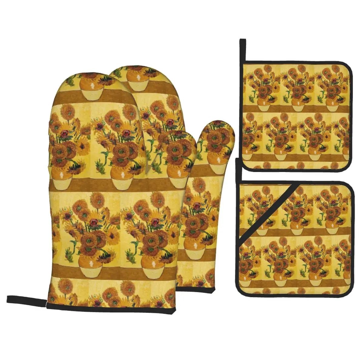 Vincent Van Gogh Sunflowers Sun Flowers Oven Mitts and Pot Holder Sets of 4 for Baking Cooking BBQ Resistant Non-Slip Gloves