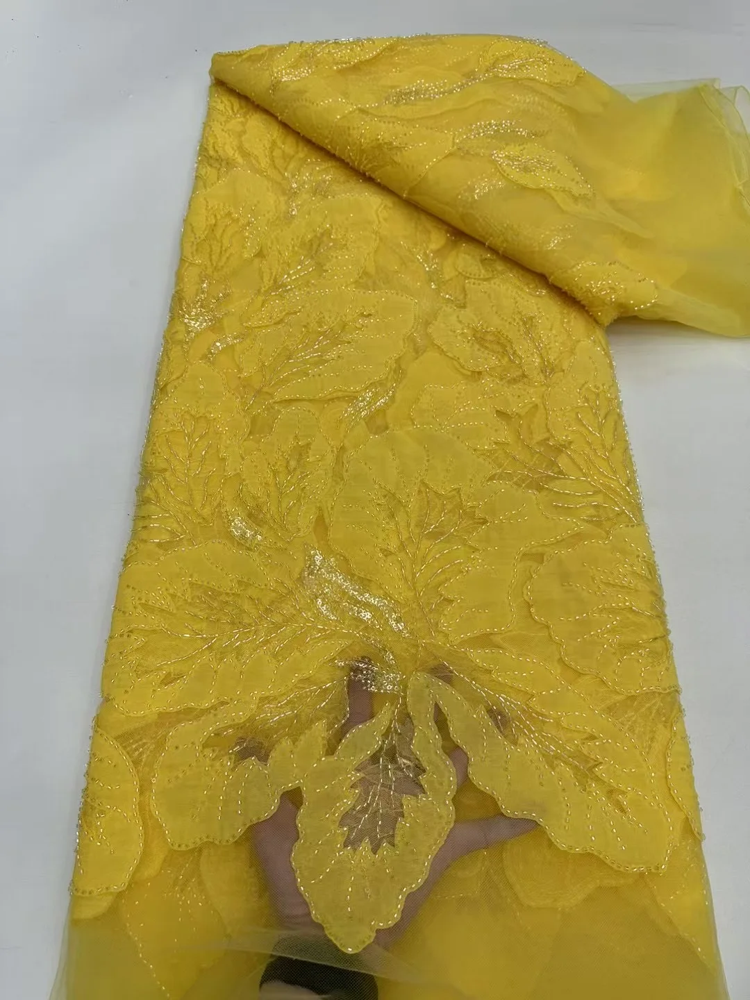 Luxury African Chiffon Beaded Lace Fabric 2025 High Quality Orange Bride Nigerian French Tulle Lace Fabric Wedding Dress