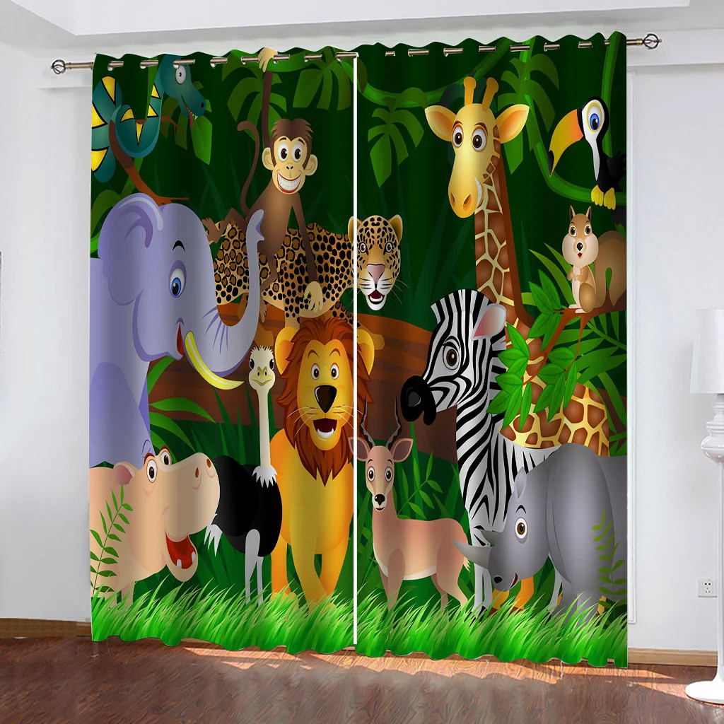 

Forest animal party theme curtain Lion leopard monkey zebra elephant, set of two, children's bedroom home shade curtain