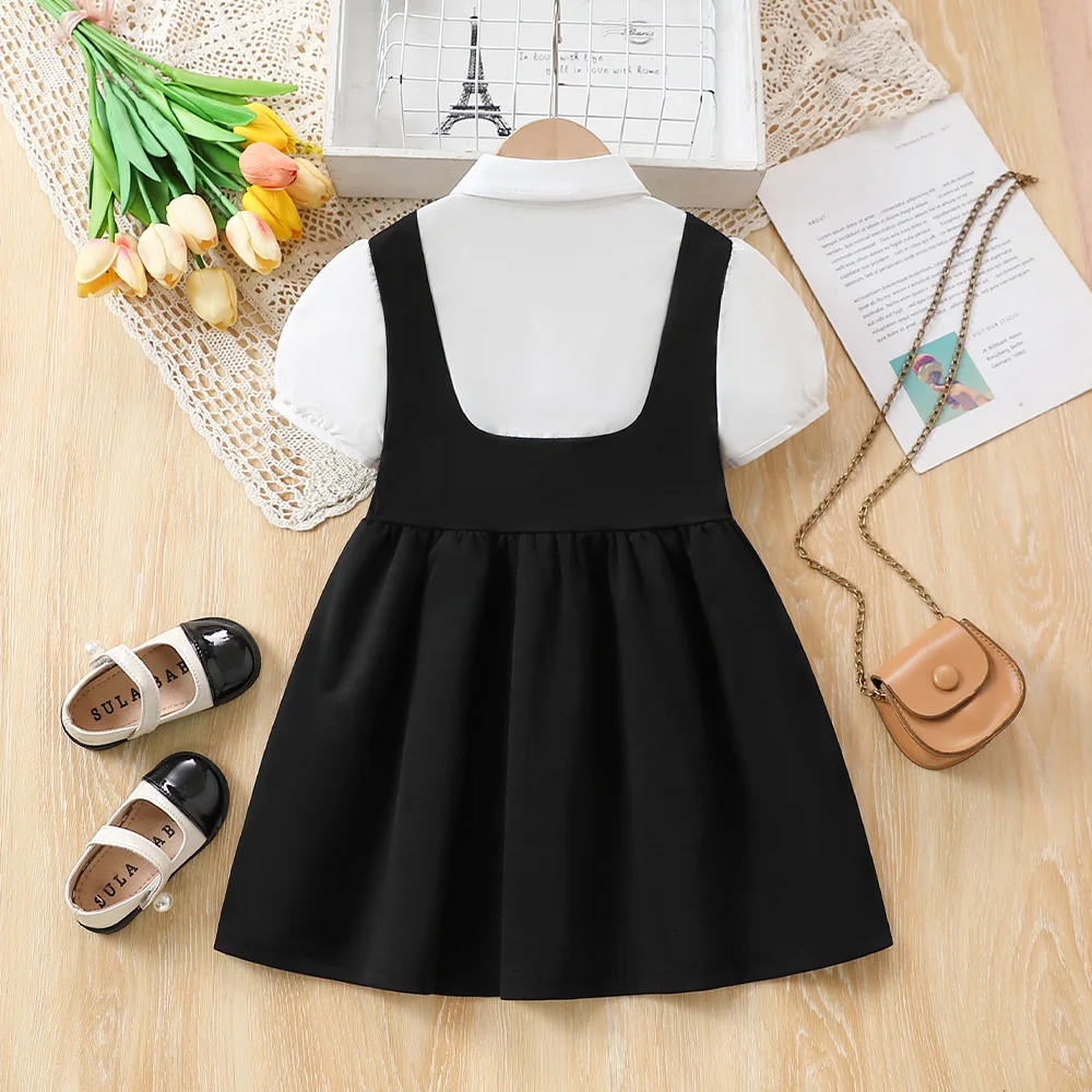 Toddler Young Girls Puff Sleeve School Uniform Dress White and Black Overall One Piece Patchwork Dress