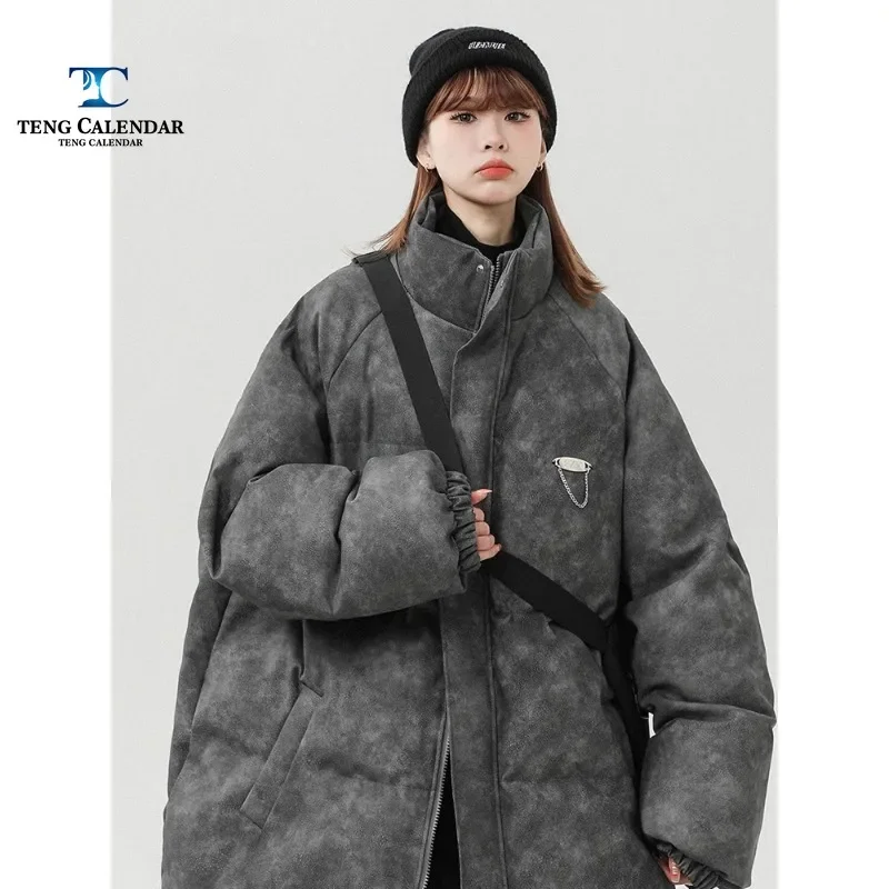 Unisex Winter Cotton Jacket, Teenage PU Leather Retro Metal Decoration Thick Stand Collar Men's and Women's Cotton Jacket,