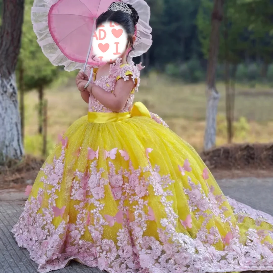 

Customized Yellow Flower Girl Dress For Wedding Appliques Butterflies Floor Length Kids Birthday First Communion Pageant Gown