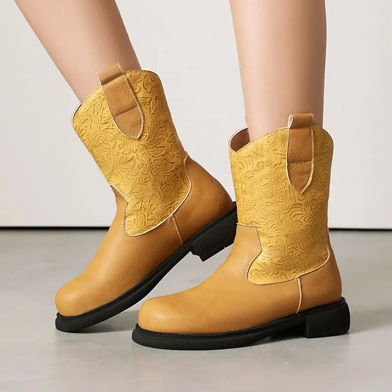 

REAVE CAT Классические женские ботинки в стиле вестерн с круглым носком на плоской подошве без шнуровки разных цветов с вышивкой Большой размер 41 42 43 US12 Ковбойская до середины икры Bota