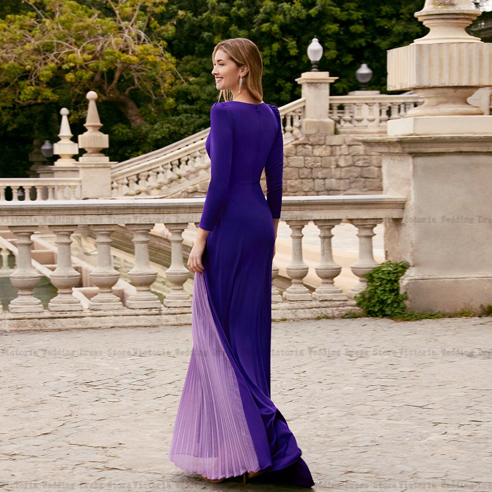 Élégantes robes violettes pour la mère de la mariée, col en V, manches longues, fête de mariage, quelle que soit la longueur de plancher de la sirène plissée, 2023