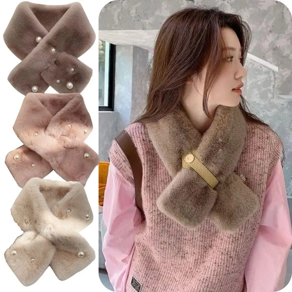 

Шарф с воротником из искусственного кроличьего меха, красочный зимний шарф с крестом, уличный теплый шарф для шеи, пушистый шарф с жемчугом и бисером, ветрозащитный утолщенный шарф