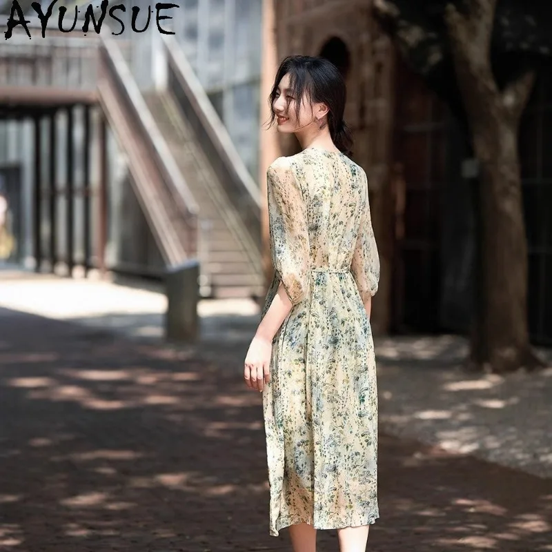 AYUNSUE 100% 天然シルク女性ドレスグリーン春夏ドレス草原シックなロングドレス女性服 Roupas Feminina