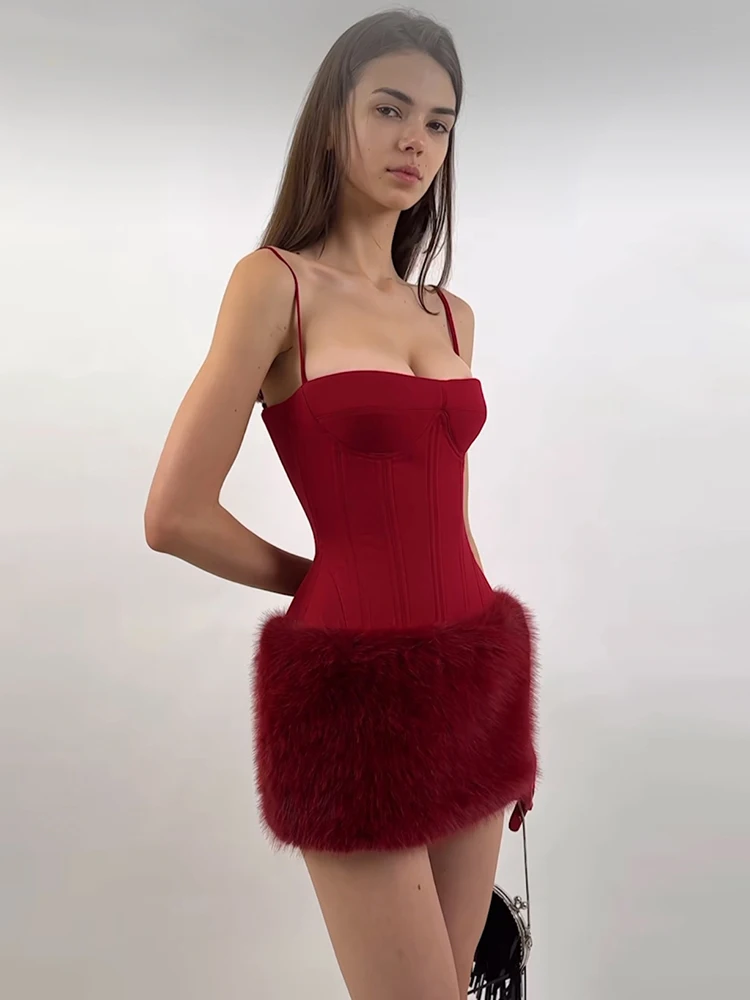 Nibber Pathwork Christmas Sexy Woman Dress Furry Hem Skinny Sleeveless Backless Midnight Suspenders Stylish Classic Mini Bodycon