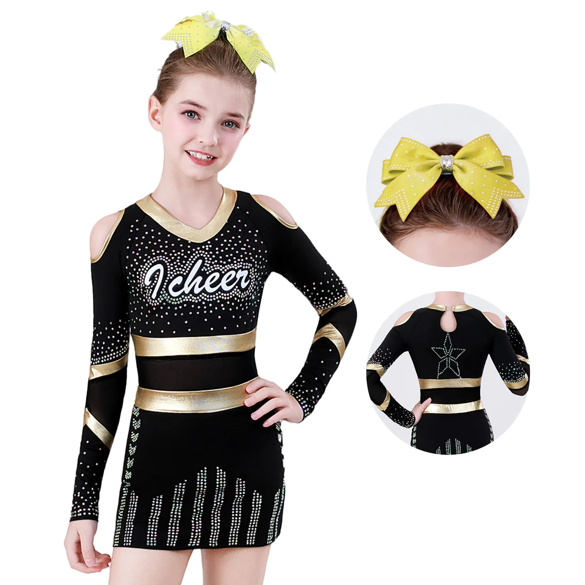 

Black Gold Rhinestone Girls Cheerleading Costume Long Sleeve Shoulder Cheer Dress Sparkly Star Kids Cheer Uniform Competition