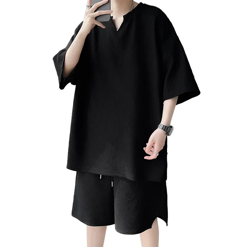 

Casual single-piece men's short-sleeved top with ethnic style trendy and sporty V-neck shorts two-piece summer textured sui